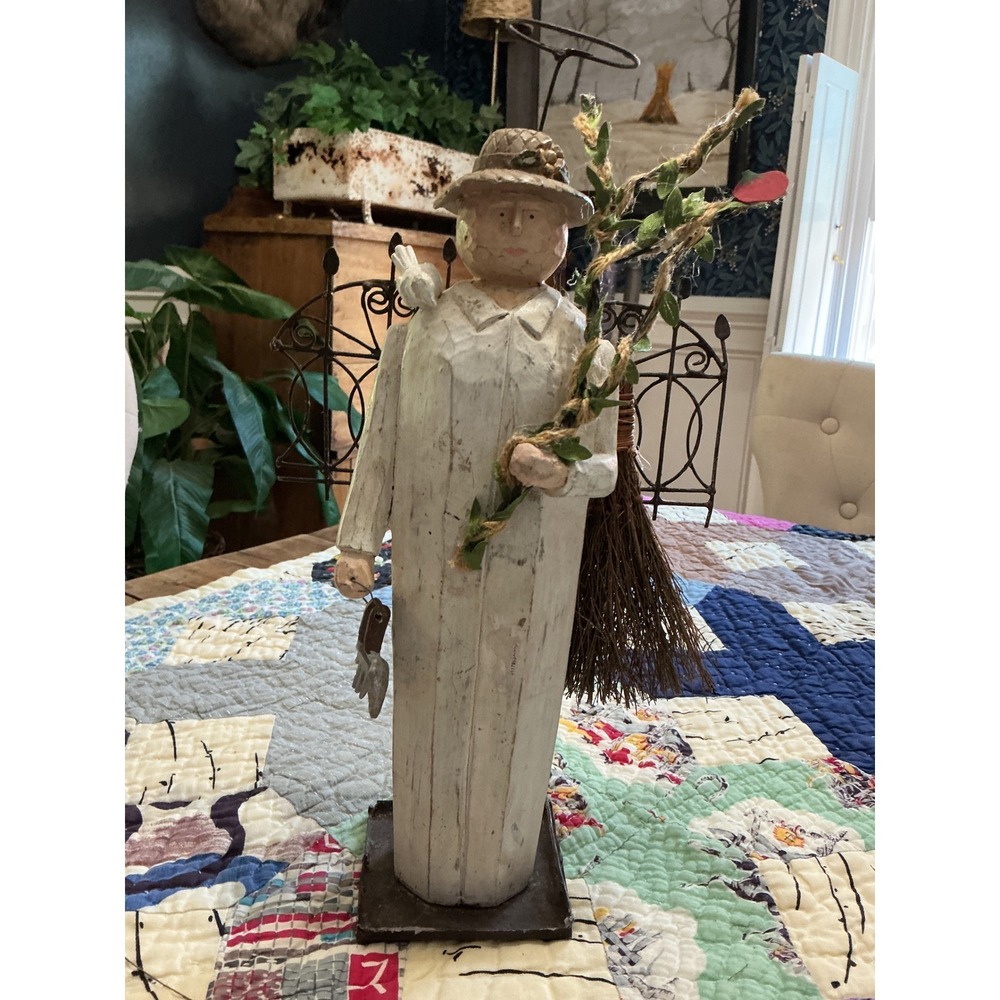 Rustic Folk Art Gardener Angel Figurine Set Primitive Farmhouse Decor 2 Piece